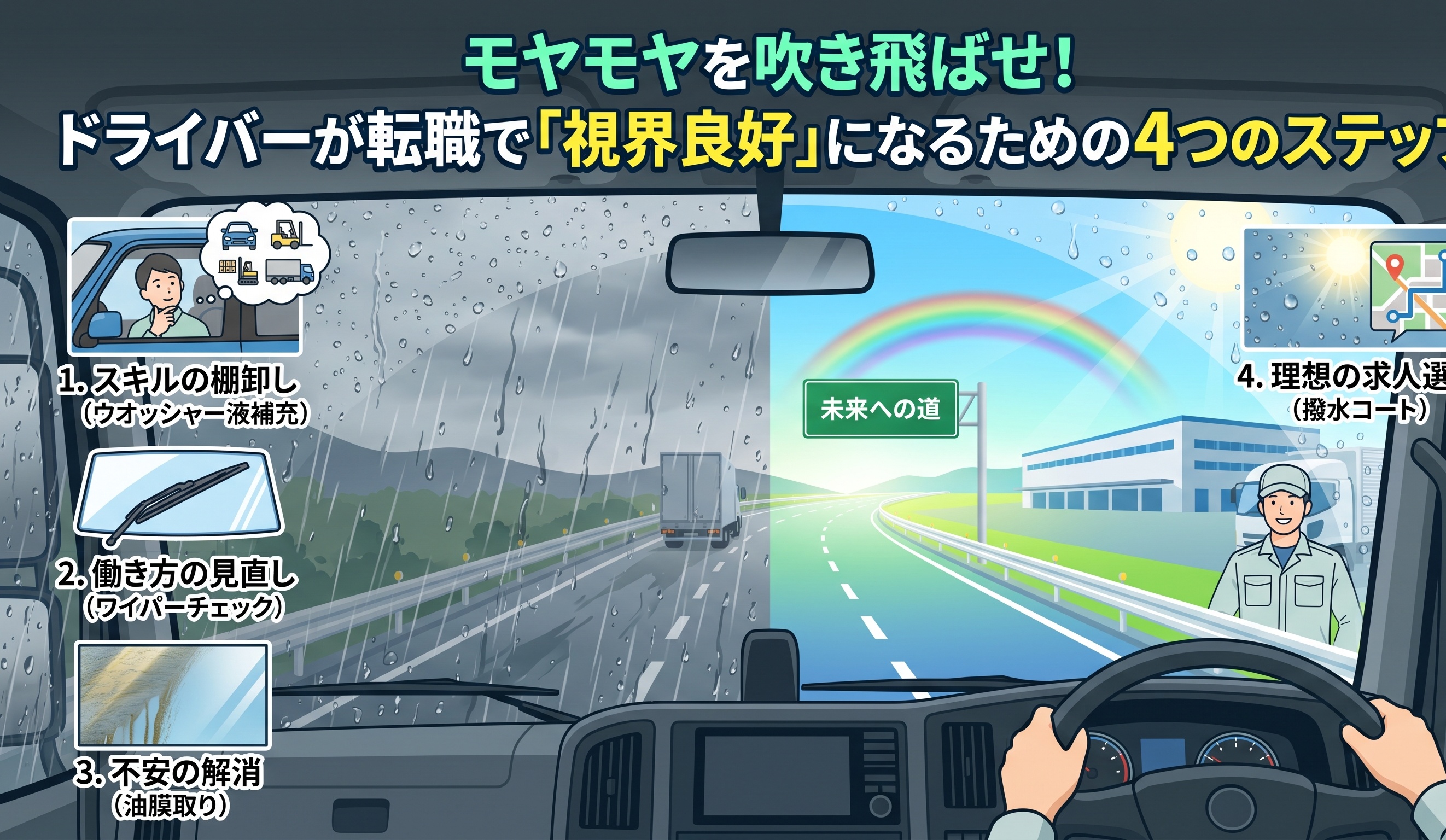 【梅雨対策に学ぶ！】モヤモヤを吹き飛ばせ！ドライバーが転職で「視界良好」になるための4つのステップ