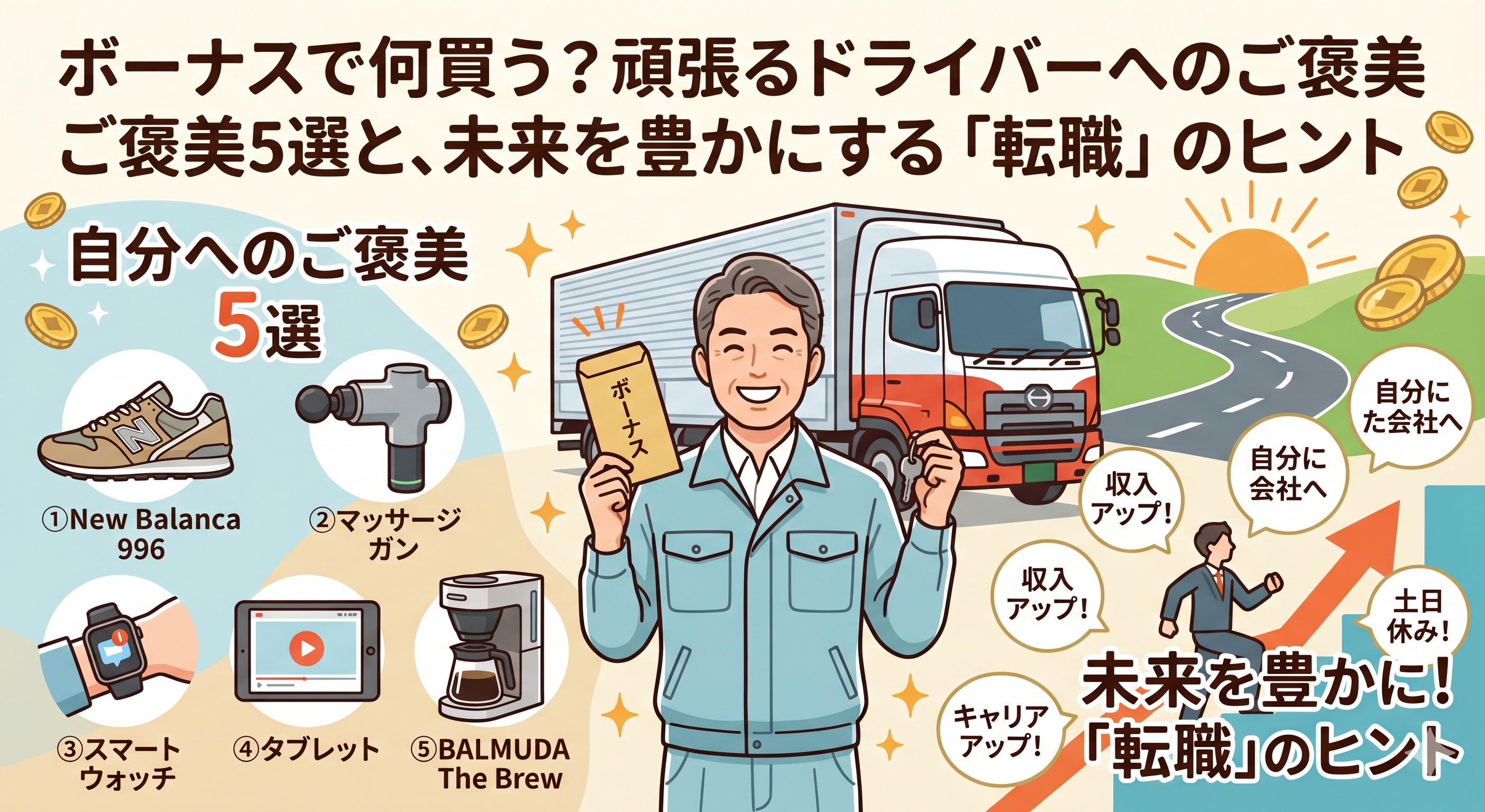 ボーナスで何買う？頑張るドライバーへのご褒美5選と、未来を豊かにする「転職」のヒント