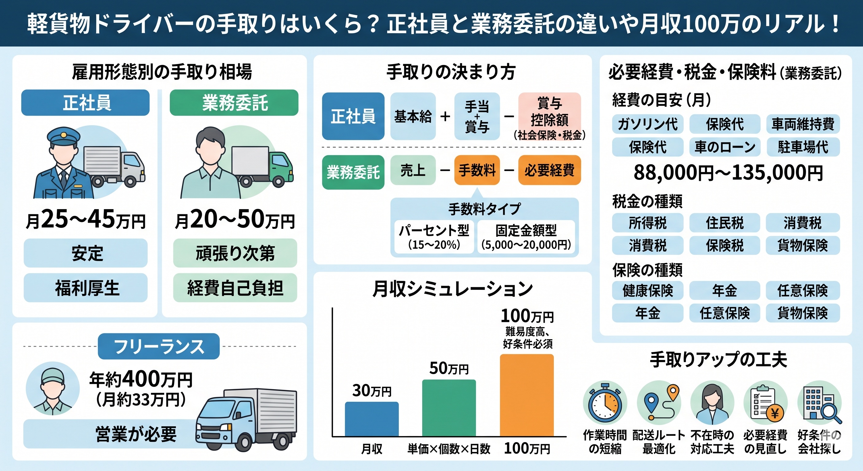 軽貨物ドライバーの手取りはいくら？正社員と業務委託の違いや月収100万のリアルを徹底解説！